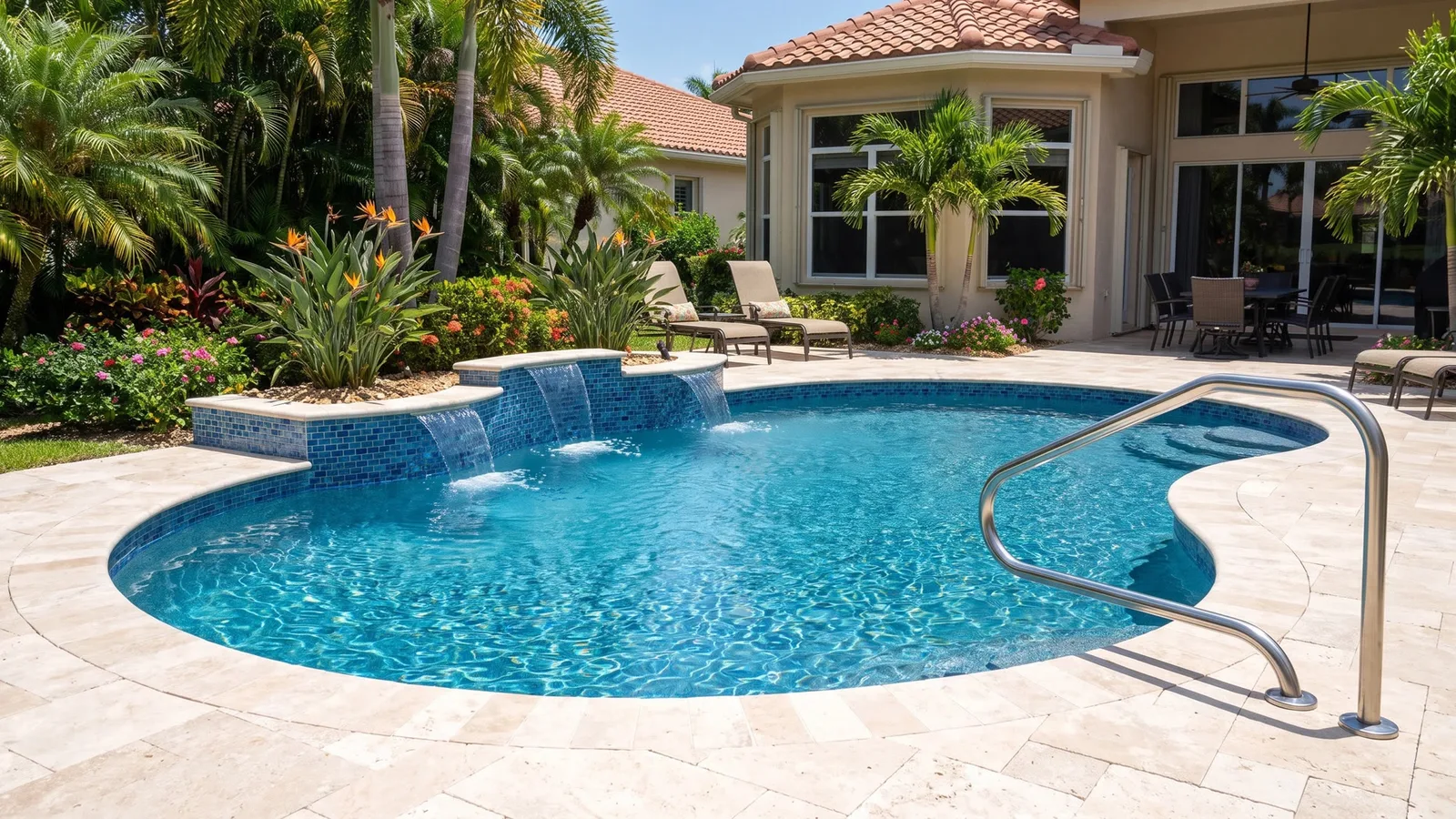 Curved swimming pool with entry steps, blue water and stone decking in a tropical backyard.