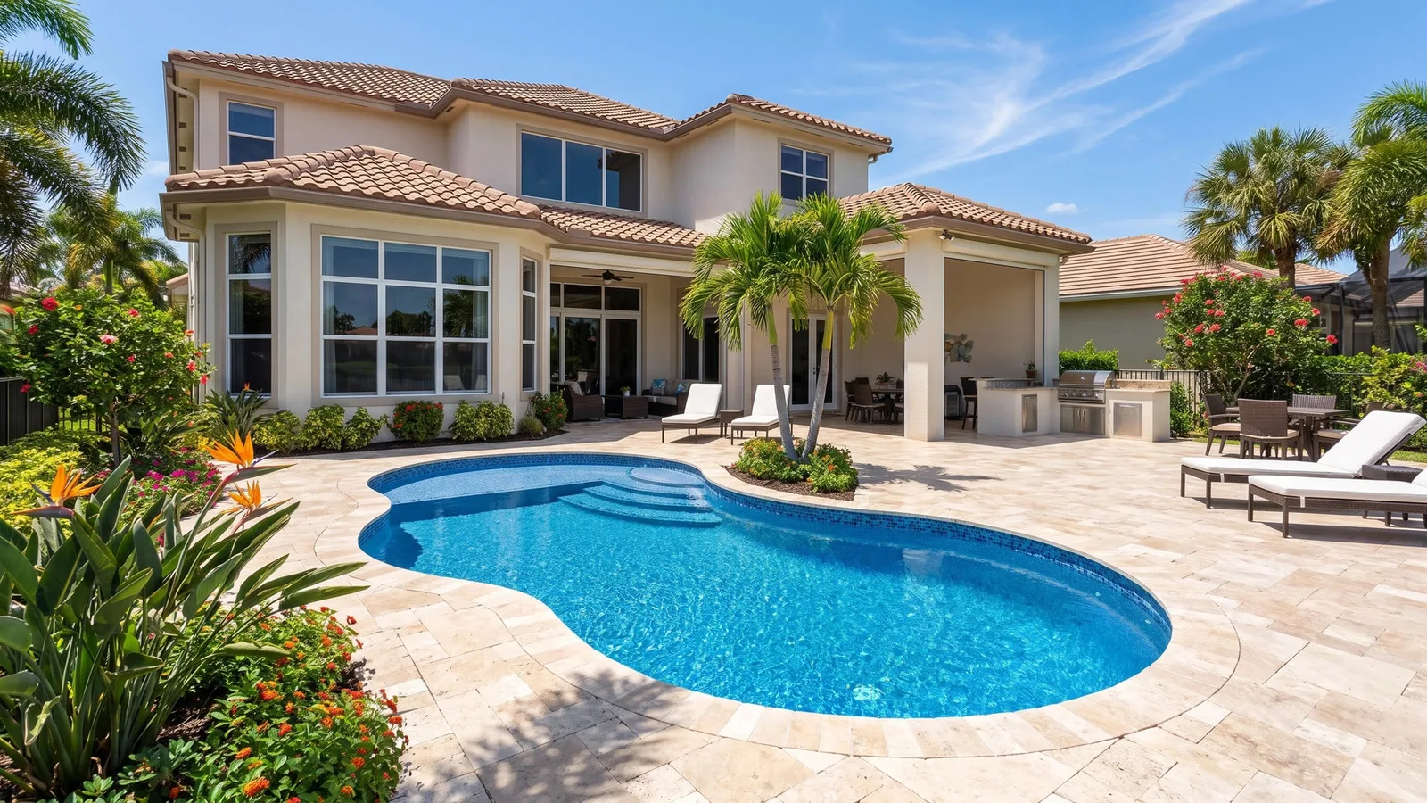 A curved pool with generous steps and space for outdoor entertaining.